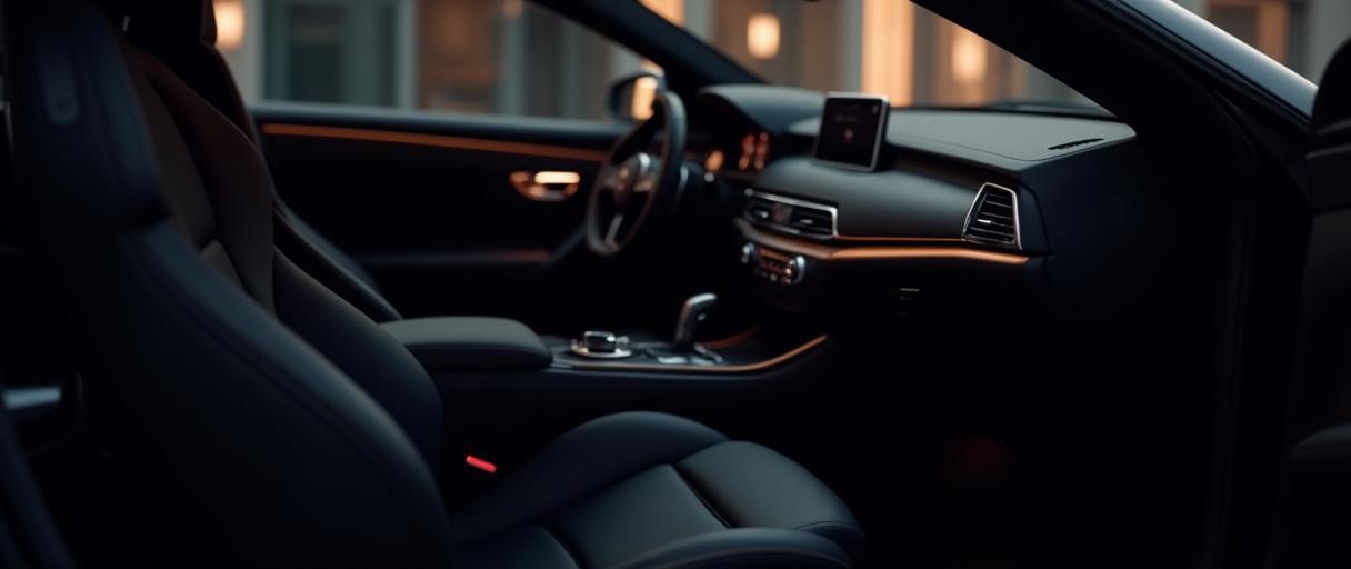 The premium leather interior of a luxury sedan featuring a modern dashboard
