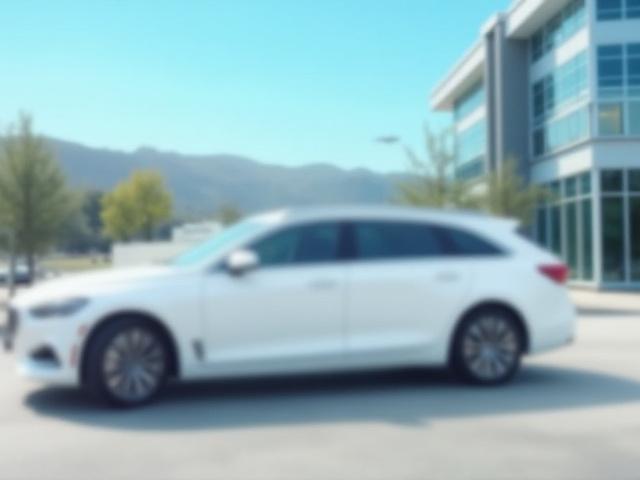 White standard sedan in front of modern architecture