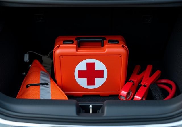 Car emergency safety kit containing first aid supplies and reflective gear