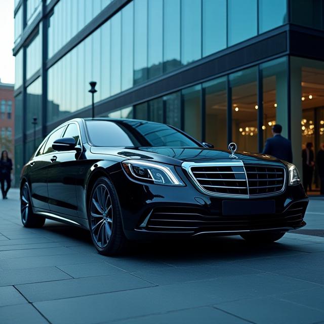 Executive black sedan parked in front of a modern office building