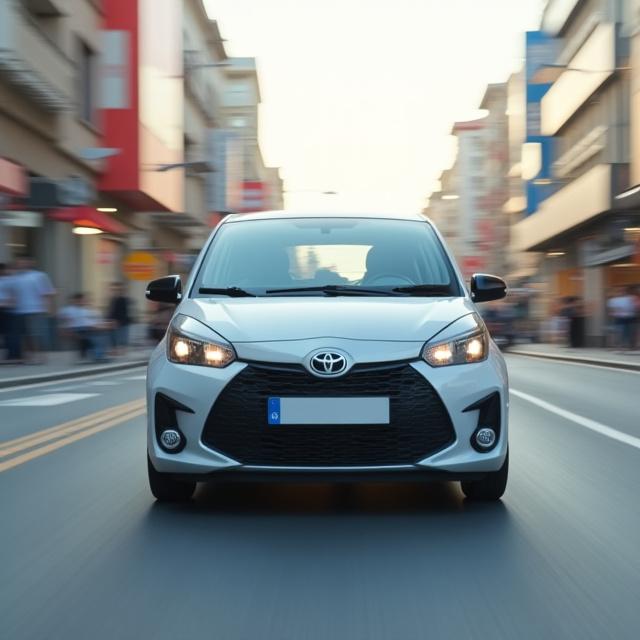 Compact car driving through a city street for daily rental